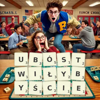 Kreatywna ilustracja do gry w Scrabble ze słowem UBÓSTWIŁYBYŚCIE ułożonym z płytek na planszy.