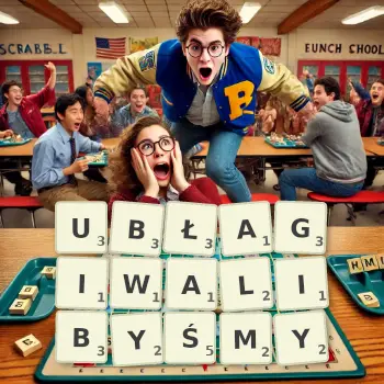 Kreatywna ilustracja do gry w Scrabble ze słowem UBŁAGIWALIBYŚMY ułożonym z płytek na planszy.