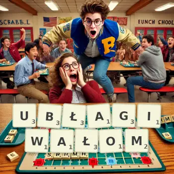 Kreatywna ilustracja do gry w Scrabble ze słowem UBŁAGIWAŁOM ułożonym z płytek na planszy.