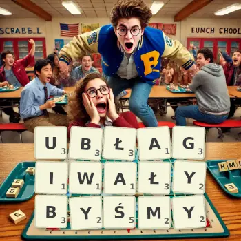 Kreatywna ilustracja do gry w Scrabble ze słowem UBŁAGIWAŁYBYŚMY ułożonym z płytek na planszy.