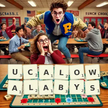 Kreatywna ilustracja do gry w Scrabble ze słowem UCALOWALABYS ułożonym z płytek na planszy.