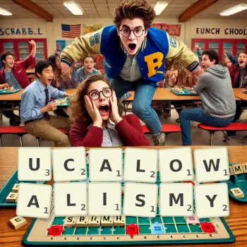 Kreatywna ilustracja do gry w Scrabble ze słowem UCALOWALISMY ułożonym z płytek na planszy.