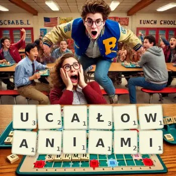 Kreatywna ilustracja do gry w Scrabble ze słowem UCAŁOWANIAMI ułożonym z płytek na planszy.