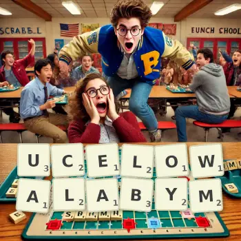 Kreatywna ilustracja do gry w Scrabble ze słowem UCELOWALABYM ułożonym z płytek na planszy.