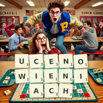 Kreatywna ilustracja do gry w Scrabble ze słowem UCENOWIENIACH ułożonym z płytek na planszy.