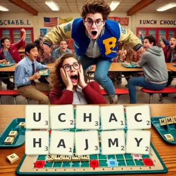 Kreatywna ilustracja do gry w Scrabble ze słowem UCHACHAJMY ułożonym z płytek na planszy.