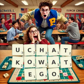 Kreatywna ilustracja do gry w Scrabble ze słowem UCHATKOWATEGO ułożonym z płytek na planszy.