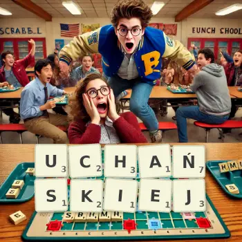 Kreatywna ilustracja do gry w Scrabble ze słowem UCHAŃSKIEJ ułożonym z płytek na planszy.