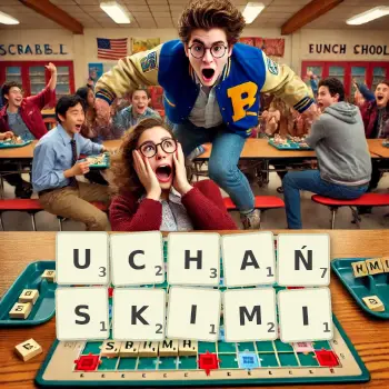 Kreatywna ilustracja do gry w Scrabble ze słowem UCHAŃSKIMI ułożonym z płytek na planszy.