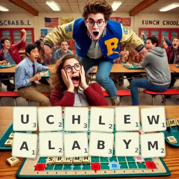 Kreatywna ilustracja do gry w Scrabble ze słowem UCHLEWALABYM ułożonym z płytek na planszy.