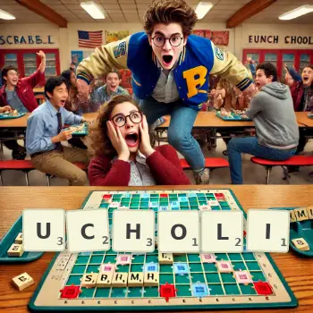 Kreatywna ilustracja do gry w Scrabble ze słowem UCHOLI ułożonym z płytek na planszy.