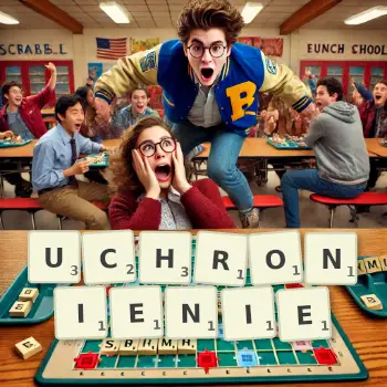 Kreatywna ilustracja do gry w Scrabble ze słowem UCHRONIENIE ułożonym z płytek na planszy.