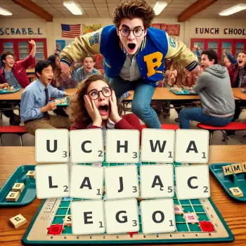 Kreatywna ilustracja do gry w Scrabble ze słowem UCHWALAJĄCEGO ułożonym z płytek na planszy.