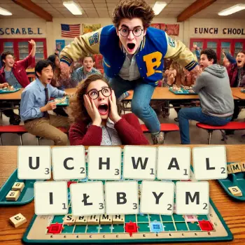 Kreatywna ilustracja do gry w Scrabble ze słowem UCHWALIŁBYM ułożonym z płytek na planszy.