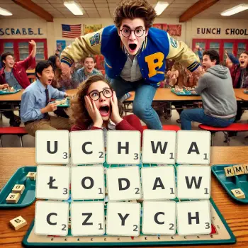 Kreatywna ilustracja do gry w Scrabble ze słowem UCHWAŁODAWCZYCH ułożonym z płytek na planszy.