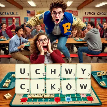 Kreatywna ilustracja do gry w Scrabble ze słowem UCHWYCIKÓW ułożonym z płytek na planszy.