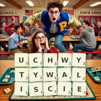 Kreatywna ilustracja do gry w Scrabble ze słowem UCHWYTYWALISCIE ułożonym z płytek na planszy.