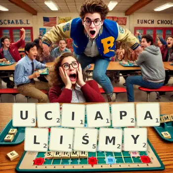 Kreatywna ilustracja do gry w Scrabble ze słowem UCIAPALIŚMY ułożonym z płytek na planszy.