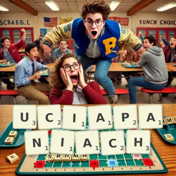 Kreatywna ilustracja do gry w Scrabble ze słowem UCIAPANIACH ułożonym z płytek na planszy.