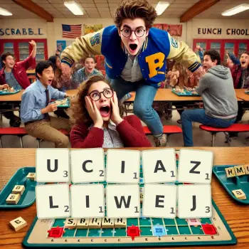 Kreatywna ilustracja do gry w Scrabble ze słowem UCIAZLIWEJ ułożonym z płytek na planszy.