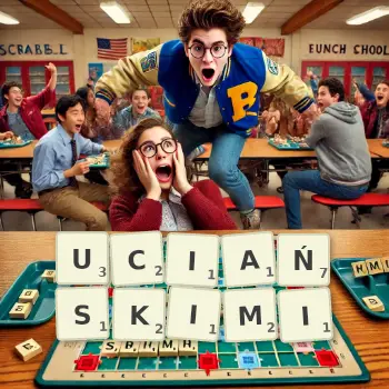 Kreatywna ilustracja do gry w Scrabble ze słowem UCIAŃSKIMI ułożonym z płytek na planszy.