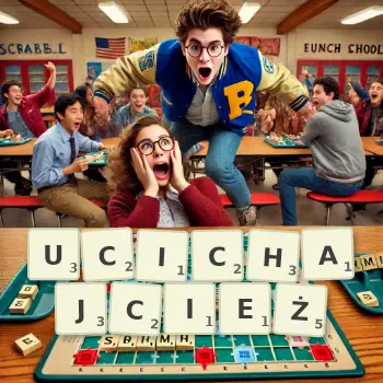 Kreatywna ilustracja do gry w Scrabble ze słowem UCICHAJCIEŻ ułożonym z płytek na planszy.