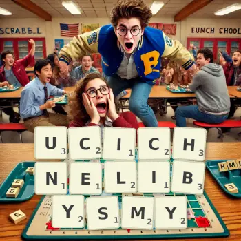 Kreatywna ilustracja do gry w Scrabble ze słowem UCICHNELIBYSMY ułożonym z płytek na planszy.