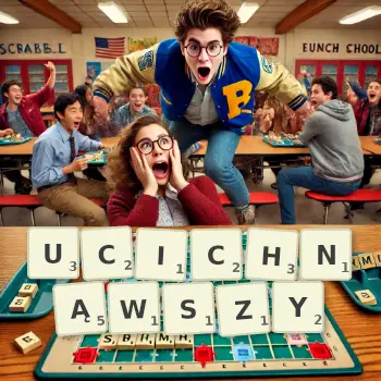 Kreatywna ilustracja do gry w Scrabble ze słowem UCICHNĄWSZY ułożonym z płytek na planszy.