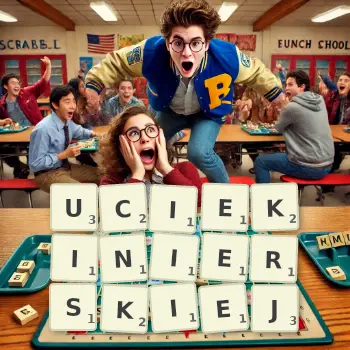 Kreatywna ilustracja do gry w Scrabble ze słowem UCIEKINIERSKIEJ ułożonym z płytek na planszy.