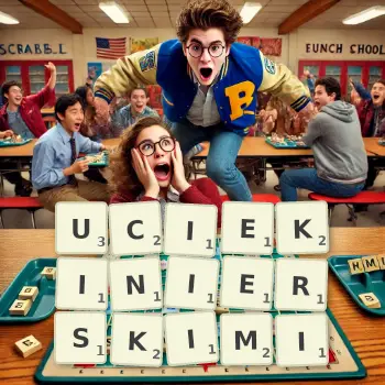 Kreatywna ilustracja do gry w Scrabble ze słowem UCIEKINIERSKIMI ułożonym z płytek na planszy.