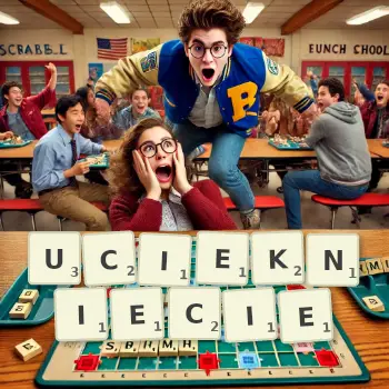 Kreatywna ilustracja do gry w Scrabble ze słowem UCIEKNIECIE ułożonym z płytek na planszy.