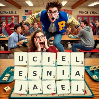 Kreatywna ilustracja do gry w Scrabble ze słowem UCIELESNIAJACEJ ułożonym z płytek na planszy.