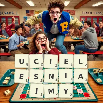 Kreatywna ilustracja do gry w Scrabble ze słowem UCIELESNIAJMY ułożonym z płytek na planszy.