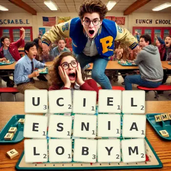 Kreatywna ilustracja do gry w Scrabble ze słowem UCIELESNIALOBYM ułożonym z płytek na planszy.