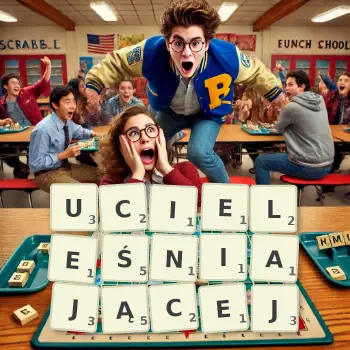 Kreatywna ilustracja do gry w Scrabble ze słowem UCIELEŚNIAJĄCEJ ułożonym z płytek na planszy.