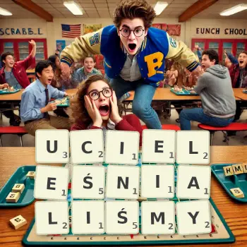 Kreatywna ilustracja do gry w Scrabble ze słowem UCIELEŚNIALIŚMY ułożonym z płytek na planszy.