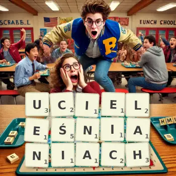 Kreatywna ilustracja do gry w Scrabble ze słowem UCIELEŚNIANIACH ułożonym z płytek na planszy.