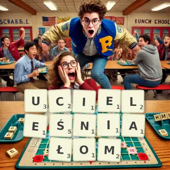 Kreatywna ilustracja do gry w Scrabble ze słowem UCIELEŚNIAŁOM ułożonym z płytek na planszy.