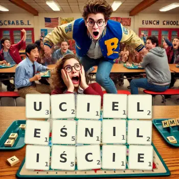 Kreatywna ilustracja do gry w Scrabble ze słowem UCIELEŚNILIŚCIE ułożonym z płytek na planszy.