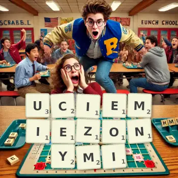 Kreatywna ilustracja do gry w Scrabble ze słowem UCIEMIEZONYMI ułożonym z płytek na planszy.