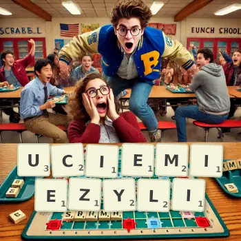 Kreatywna ilustracja do gry w Scrabble ze słowem UCIEMIEZYLI ułożonym z płytek na planszy.