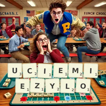 Kreatywna ilustracja do gry w Scrabble ze słowem UCIEMIEZYLO ułożonym z płytek na planszy.