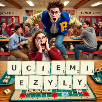 Kreatywna ilustracja do gry w Scrabble ze słowem UCIEMIEZYLY ułożonym z płytek na planszy.