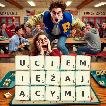 Kreatywna ilustracja do gry w Scrabble ze słowem UCIEMIĘŻAJĄCYMI ułożonym z płytek na planszy.