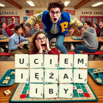 Kreatywna ilustracja do gry w Scrabble ze słowem UCIEMIĘŻALIBY ułożonym z płytek na planszy.