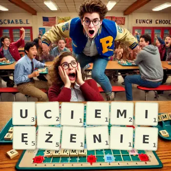 Kreatywna ilustracja do gry w Scrabble ze słowem UCIEMIĘŻENIE ułożonym z płytek na planszy.