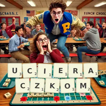 Kreatywna ilustracja do gry w Scrabble ze słowem UCIERACZKOM ułożonym z płytek na planszy.