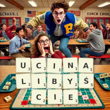 Kreatywna ilustracja do gry w Scrabble ze słowem UCINALIBYŚCIE ułożonym z płytek na planszy.