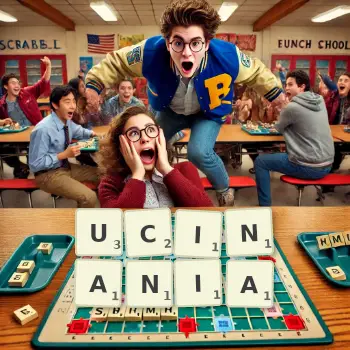 Kreatywna ilustracja do gry w Scrabble ze słowem UCINANIA ułożonym z płytek na planszy.