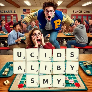 Kreatywna ilustracja do gry w Scrabble ze słowem UCIOSALIBYSMY ułożonym z płytek na planszy.